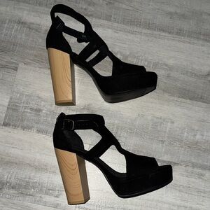 Divided (BRAND) - Black Suede Platform Block Heel Sandals - Women's